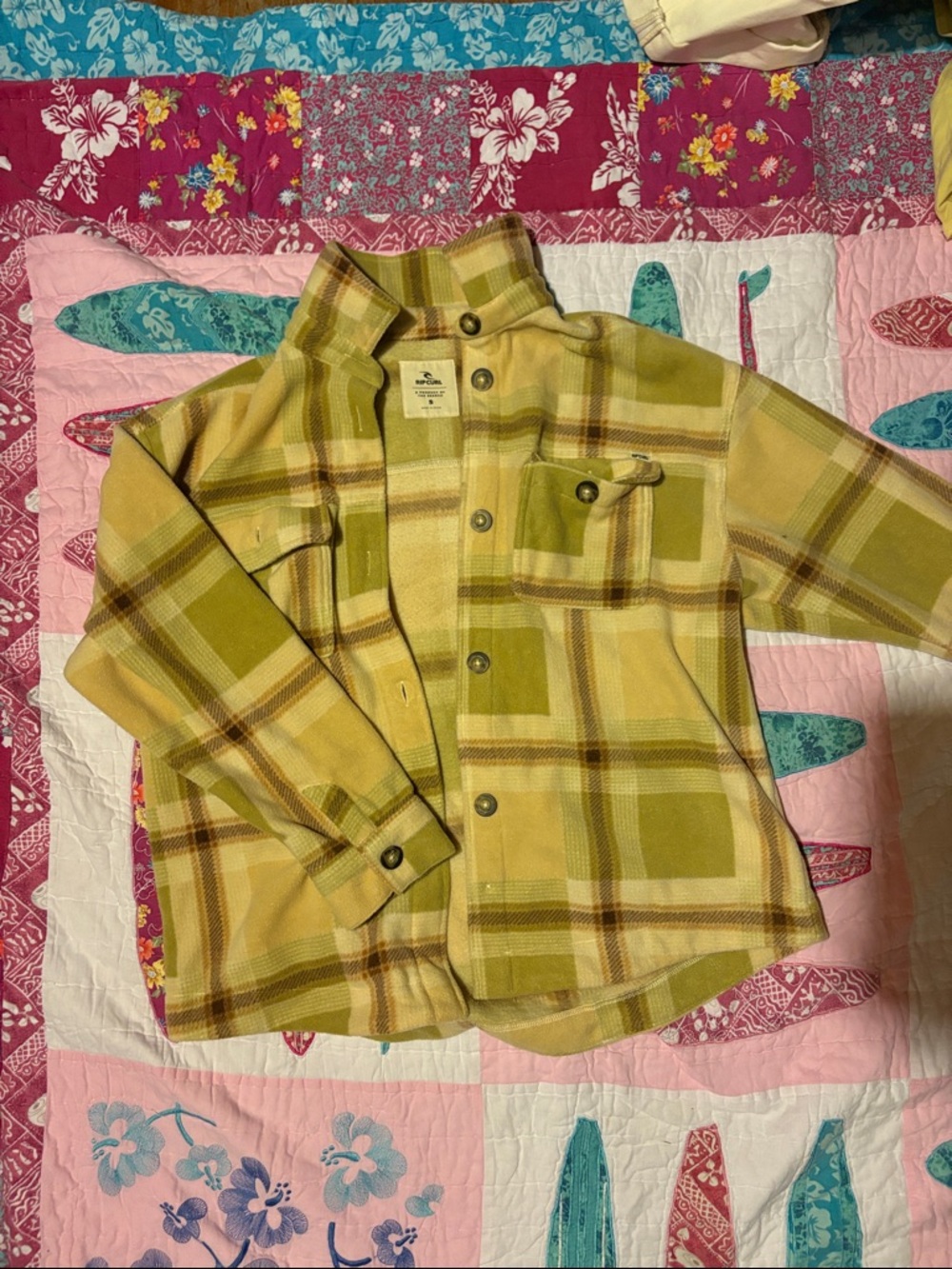Rip Curl Yellow-Green Plaid Kids Button-Front Shirt Jacket